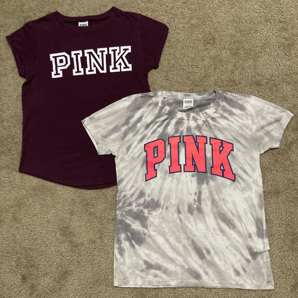 Victoria's Secret PINK T-Shirt *BUNDLE* Gray Tie-Dye w/ Pink Lettering Sz Small
